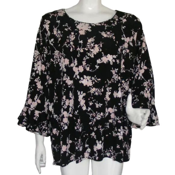 KARL LAGERFELD Top, 2X, Black Floral, 3/4 Bell Sleeve, Ruffled cuff, Wide neck - Picture 1 of 12